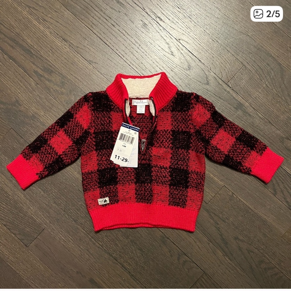 Ralph Lauren Kids Red and Black Checkered Collared Sweater, Size 12 Months